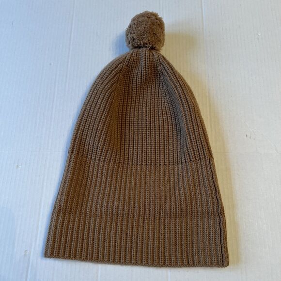 LUXTON Sz L Women\'s Ribbed 90%Wool 10%Cashmere Pom Pom Beanie Hat Camel NWOT main image 4